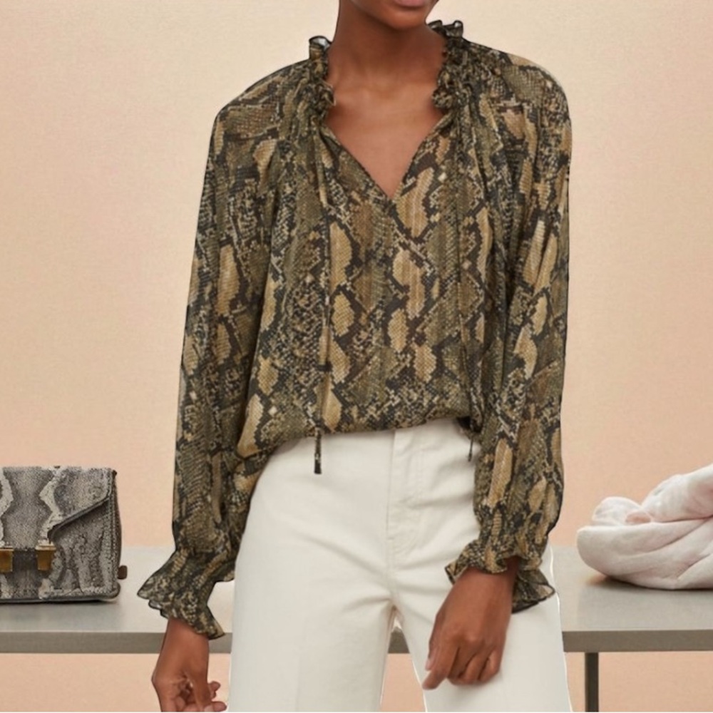 H&M Brown and Tan Snake Skin Long Sleeve Blouse With Elastic Cinched Waste.